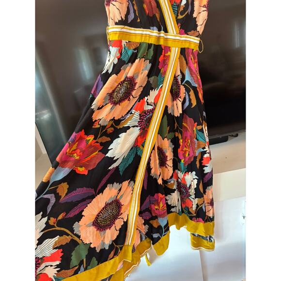Maeve Anthropologie Vintage Floral Wrap Midi Dress Yellow Trim Size 0 XS - Picture 5 of 13